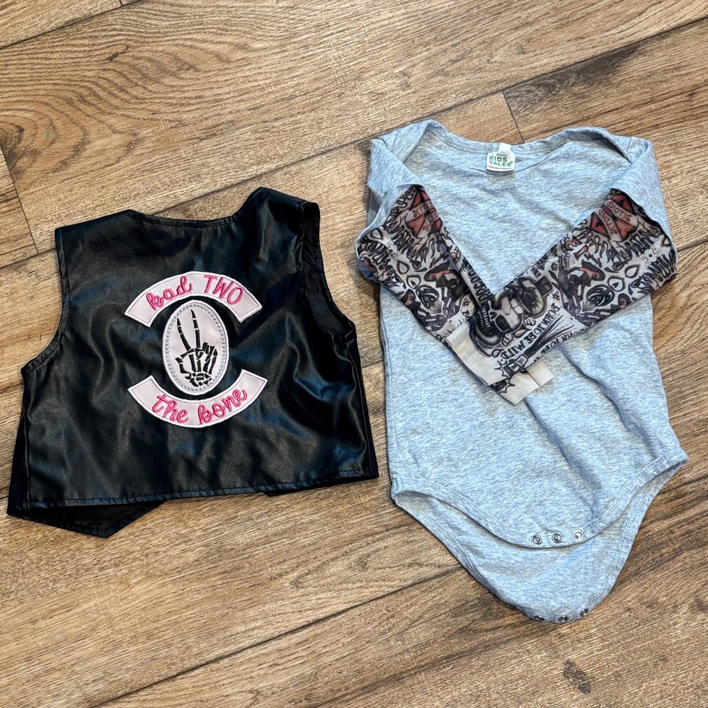 Edgy Gray Long Sleeve Bodysuit and Black Vest Set